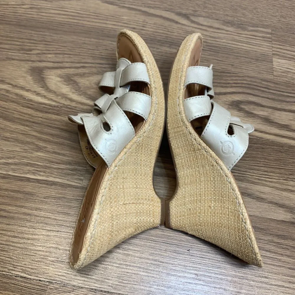 Born‎ TINKA Women's Wedge Sandals Ivory Leather Woven Platforms 11/43
